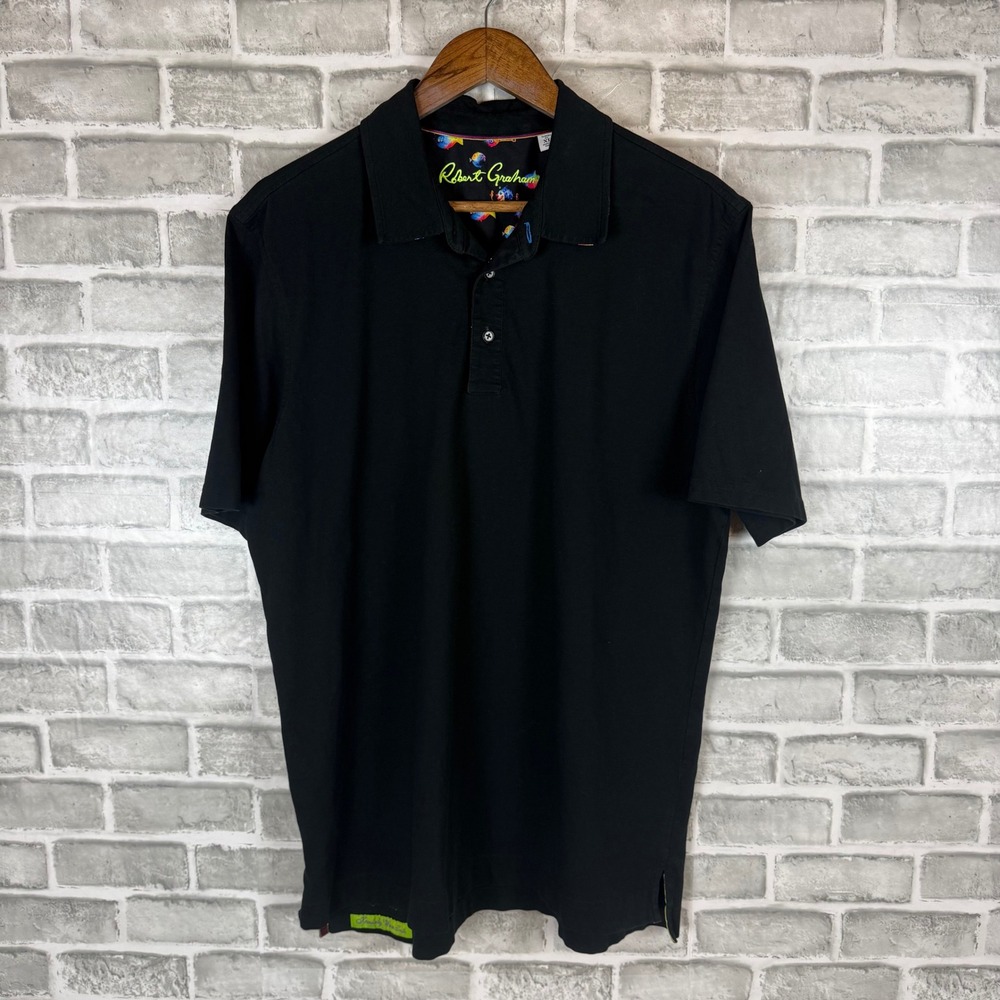 Robert Graham Mens XL Black Pique Polo Shirt Fish Print Trim Classic Fit
